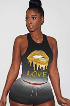 Black Sporty Polyester Mouth Graphic Round Neck Tank Top Shorts Sets LY5835