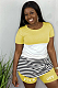 Yellow Casual Striped Short Sleeve Round Neck Curved Hem Tee Top Shorts Sets ML7311