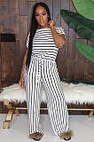 Black Casual Striped Short Sleeve Round Neck Tee Top Long Pants Sets MA6554