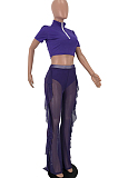 Purple Casual Short Sleeve V Neck Mesh Tee Top Wide Leg Pants Sets LY5831