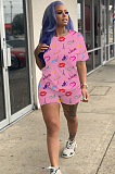 Casual Cartoon Graphic Mouth Graphic Short Sleeve Round Neck All Over Print Tee Top Shorts Sets ML7325