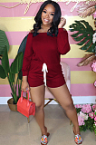 Wine Red Casual Long Sleeve Off Shoulder Drawstring Waist Tee Jumpsuit RB3061