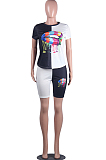 White Black Casual Mouth Graphic Short Sleeve Round Neck Tee Top Shorts Sets LML108