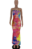 Rose Red Casual Tie Dye Sleeveless Round Neck Spaghetti Strap  Open Back Long Dress LY5832