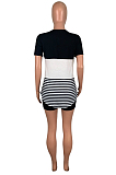 Black Casual Striped Short Sleeve Round Neck Curved Hem Tee Top Shorts Sets ML7311