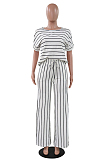 White Casual Striped Short Sleeve Round Neck Tee Top Long Pants Sets MA6554
