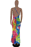Rose Red Casual Tie Dye Sleeveless Round Neck Spaghetti Strap  Open Back Long Dress LY5832