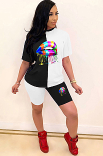White Black Casual Mouth Graphic Short Sleeve Round Neck Tee Top Shorts Sets LML108