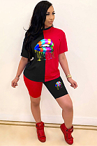 Red Black Casual Mouth Graphic Short Sleeve Round Neck Tee Top Shorts Sets  LML108