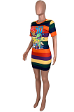 Multi Casual Striped Cartoon Graphic Short Sleeve Round Neck Mini Dress ML7315