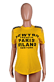 Yellow Casual Polyester Letter Short Sleeve Round Neck Tee Top U7093