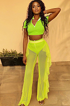 Fluorescent Green Casual Short Sleeve V Neck Mesh Tee Top Wide Leg Pants Sets LY5831