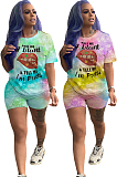Green Casual Letter Mouth Graphic Short Sleeve Round Neck Tee Top Shorts Sets RB3060