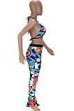 Blue Sexy Polyester All Over Print Bikini Top Bell-Bottom Flare Leg Pants LY9241