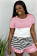 Pink Casual Striped Short Sleeve Round Neck Curved Hem Tee Top Shorts Sets ML7311