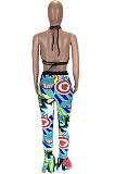 Blue Sexy Polyester All Over Print Bikini Top Bell-Bottom Flare Leg Pants LY9241