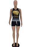 Black Sporty Polyester Mouth Graphic Round Neck Tank Top Shorts Sets LY5835