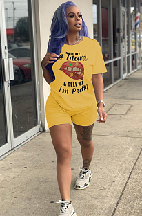 Yellow Casual Mouth Graphic Short Sleeve Round Neck Tee Top Skinny Pants Sets AMM8226
