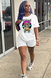 White Casual Cartoon Graphic Short Sleeve Round Neck Tee Top Shorts Sets ML7313