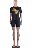 Black Casual Short Sleeve Round Neck Tee Top Shorts Sets LML107