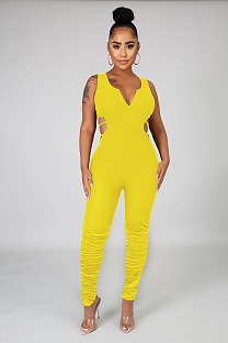 Yellow Sexy Sleeveless V Neck Backless Ruffle Bodycon Jumpsuit LML106