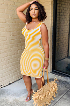 Yellow Casual Striped Sleeveless Round Neck Button Front Tank Dress AL101