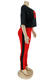 Yellow Sporty Mouth Graphic Half Sleeve Round Neck Off Shoulder Tee Top Long Pants Sets AL099
