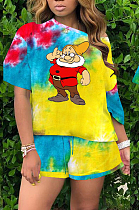 Copy Yellow Casual Tie Dye Cartoon Graphic Short Sleeve Round Neck Waist Tie Tee Top Shorts Sets OMM1119