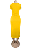 Yellow Casual Short Sleeve Round Neck Long Dress AL093
