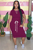 Pink Casual Short Sleeve Round Neck Split Hem Drawstring Waist Shift Dress AL092