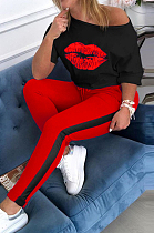 Red Sporty Mouth Graphic Half Sleeve Round Neck Off Shoulder Tee Top Long Pants Sets AL099