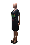 Black  Casual Polyester Letter Short Sleeve V Neck Shift Dress OMM1136