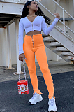 Orange Sporty PolyesterPure color Zipper Front High Waist Sweat Pants LA3190