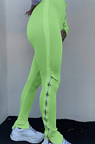 Green Sporty PolyesterPure color Zipper Front High Waist Sweat Pants LA3190