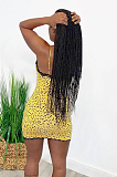 Yellow Sexy Polyester Leopard Cold Shoulder Guipure Lace Slip Dress N9210