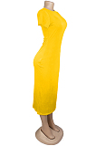 Yellow Casual Short Sleeve Round Neck Long Dress AL093