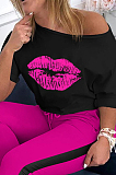 Yellow Sporty Mouth Graphic Half Sleeve Round Neck Off Shoulder Tee Top Long Pants Sets AL099