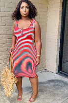 Red Casual Striped Sleeveless Round Neck Button Front Tank Dress AL101