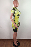 Yellow Sexy Polyester Tie Dye Short Sleeve High Neck Bodycon Jumpsuit LA3189