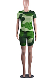 Green Sporty Camo Short Sleeve Round Neck Tee Top Shorts Sets LML091