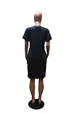 Black  Casual Polyester Letter Short Sleeve V Neck Shift Dress OMM1136