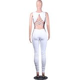 White Sexy Sleeveless V Neck Backless Ruffle Bodycon Jumpsuit LML106