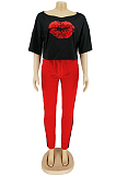 Red Sporty Mouth Graphic Half Sleeve Round Neck Off Shoulder Tee Top Long Pants Sets AL099