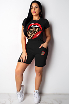 Black Basics Polyester Mouth Graphic Short Sleeve Round Neck Tee Top Straight Leg Pants Sets MD303