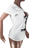White Casual Polyester Letter Short Sleeve Round Neck Tee Top TZ10878