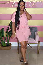Pink Casual Short Sleeve V Neck Tee Top Shorts Sets MY9638
