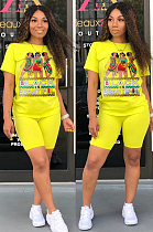 Yellow Casual Letter Cartoon Graphic Short Sleeve Round Neck Tee Top Shorts Sets SN3762