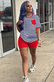 Orange Casual Striped Short Sleeve Round Neck Tee Top Shorts Sets SN3768