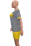 Orange Casual Striped Short Sleeve Round Neck Tee Top Shorts Sets SN3768