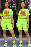 Yellow Casual Letter Cartoon Graphic Short Sleeve Round Neck Tee Top Shorts Sets SN3762